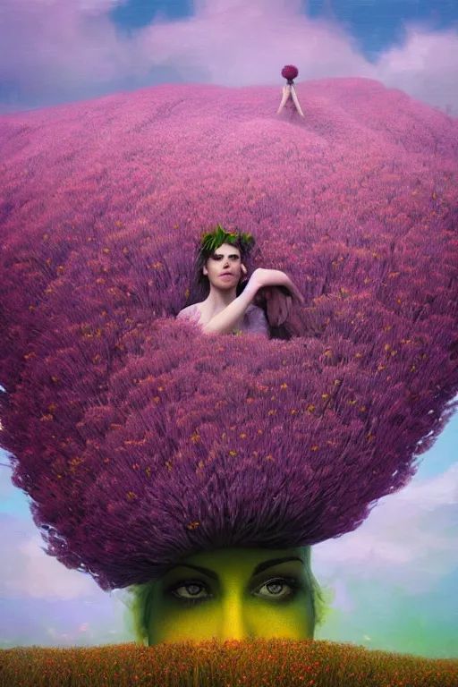 Prompt: closeup, a giant flower head mohawk, woman in heather field, surreal photography, starlight, storm clouds, impressionist painting, digital painting, artstation, simon stalenhag