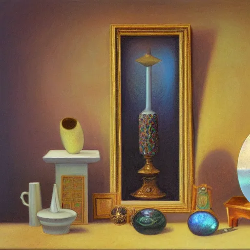 Image similar to still life painting of a room with a marbled pedestal displaying an ancient holy artifact centered in frame and shaped like a torus, chromed and ornate with gentle iridescent shine from within. perspective from the side and centered. realistic light and shadows. moody fantasy magical, still life renaissance pastel painting. focused