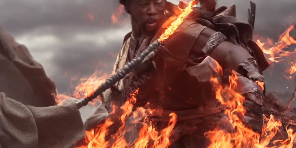 Image similar to a film still of a black man starring in a japanese blockbuster film as ancient evil samurai with fire powers, shallow depth of field, cinematic, award winning cgi, vfx, film still