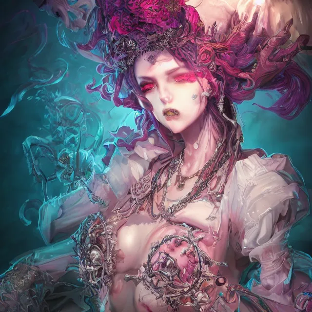 Image similar to the portrait of chaotic evil fallen sensual female necromancer overlord as absurdly beautiful, gorgeous, elegant mature idol, an ultrafine hyperdetailed illustration by kim jung gi, irakli nadar, intricate linework, bright colors, octopath traveler, final fantasy, unreal engine 5 highly rendered, global illumination, radiant light, detailed and intricate environment