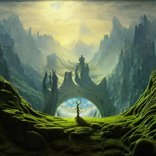 Image similar to a beautiful and highly detailed matte painting of a carved elven portal a land with no gravity, celtic knots, epic scale, insanely complex, hyperdetailed, sharp focus, hyperrealism, artstation, cgsociety, 8 k, by caspar friedrich, albert bierstadt, james gurney, brian froud,