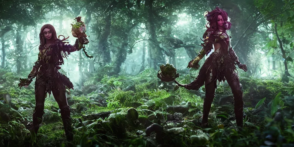 Image similar to female earth mage, high quality character design, action pose : : spotlight, magical, biopunk, forestpunk, forest, mushrooms, high detail, 8 k, oled, shadows, reflections, digital art, official art, octane render, dynamic camera angle, unreal engine