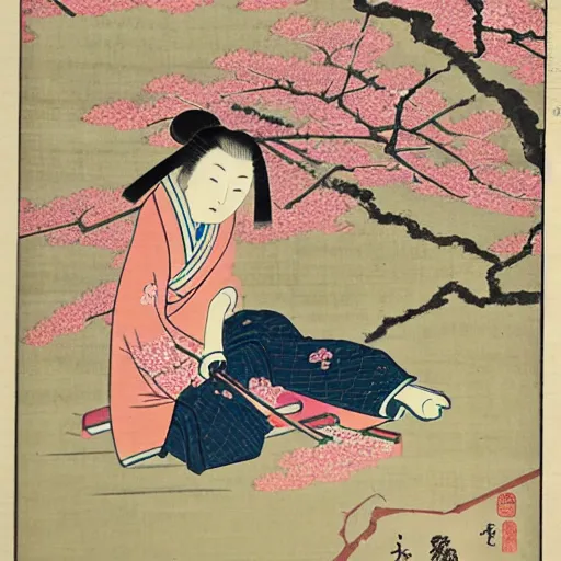 Image similar to japanese edo period woodblock print of a girl laying underneath pink blossoming cherry trees in the background