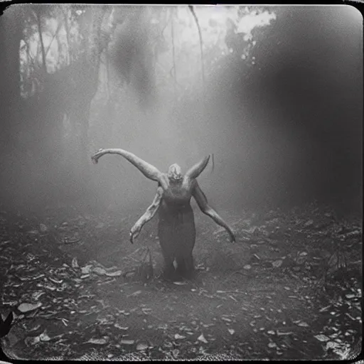 Image similar to an ancient demon-clown devouring a soul on an abandoned mad house, Colombian jungle, mist, 1910 polaroid photography, grainy film, resident evil, Black and white