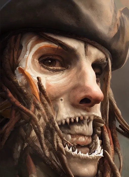 Image similar to a professional digital painting of a pirate with multiple jaws, beautiful bone structure, symmetrical facial features, intricate, elegant, concept art, sharp detail, focused, illustration, smooth render, art style by Ruan Jia and Mandy Jurgens and Ian Spriggs and William-Adolphe Bouguerea