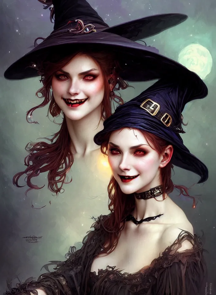 Image similar to halloween witch woman in a hat smiles, fantasy magic, undercut hairstyle, dark light night, intricate, elegant, sharp focus, illustration, highly detailed, digital painting, concept art, matte, art by wlop and artgerm and greg rutkowski and alphonse mucha, masterpiece