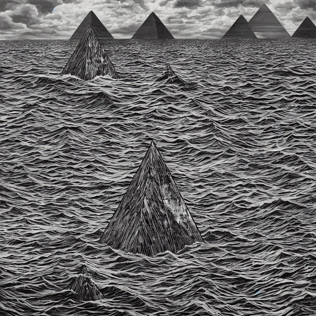 Prompt: A very beautiful painting of a (((dark Pyramid))) at Sea In style of Junji Ito and Trevor Henderson.highly realistic,hyper detailed,4k,digital art,sci-fi