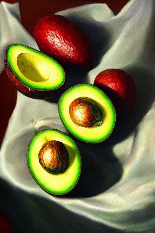 Image similar to A beautiful still life oil painting of Avocados lying on a silk cloth, fog, volumetric lighting, summer, hyperrealistic, colorful, hyperdetailed.