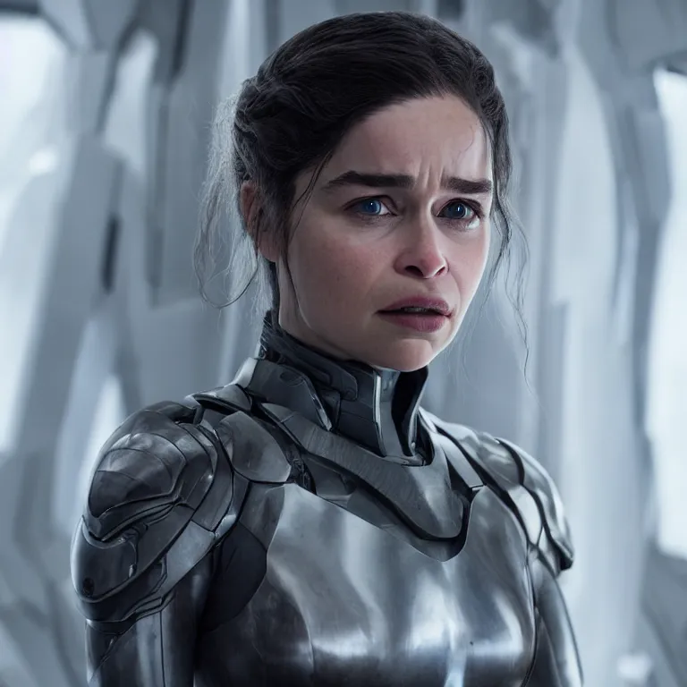 Image similar to scifi emilia clarke looks like ghost in the shell, extremely high detail, photorealism, sony a 7 r