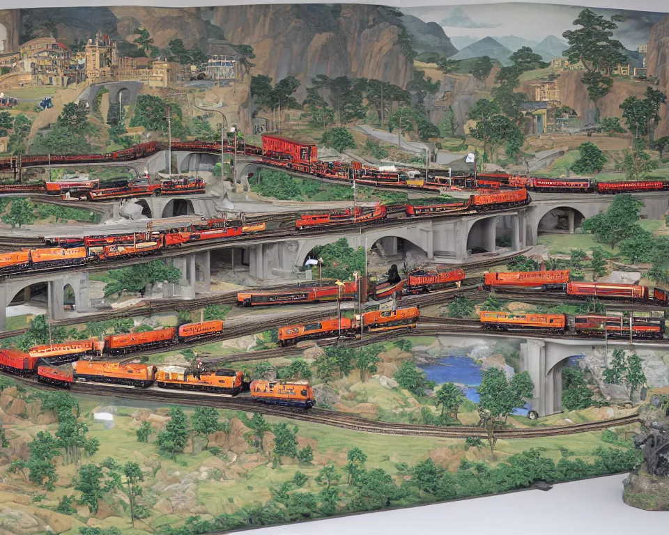 Image similar to an elaborate model train layout featuring mallard locomotives by Hasui Kawase, Raphael, and Bernini.