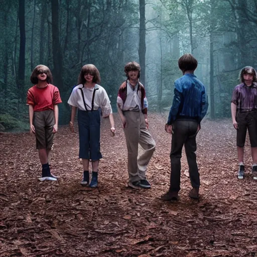 Image similar to Stranger Things cast dancing in a forest, 8k UHD, high quality, studio photo,