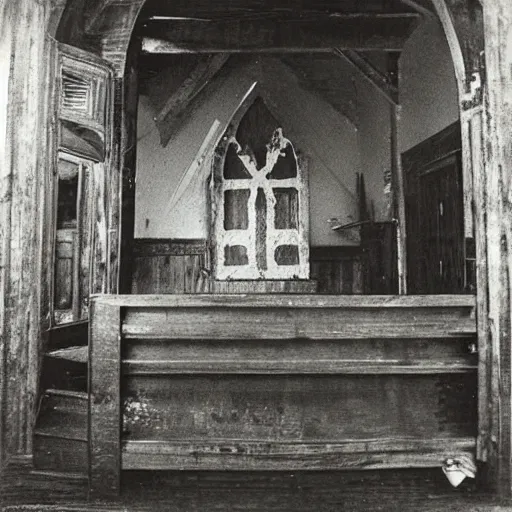 Image similar to picture of a complex!!! cronenbergian disgusting and montruous creature!!! inside of an ( ( ( ( old wooden church ) ) ) ) in! ouisiana!, dark and intricate photograph by diane arbus,! southern gothic!