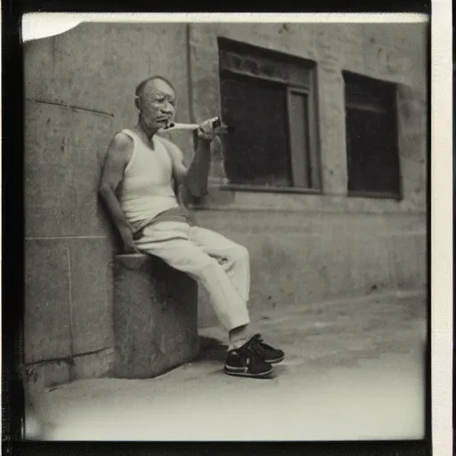 Image similar to a polaroid photo of a disheveled middle - aged chinese man wearing a singlet while smoking, sitting down next to a wall