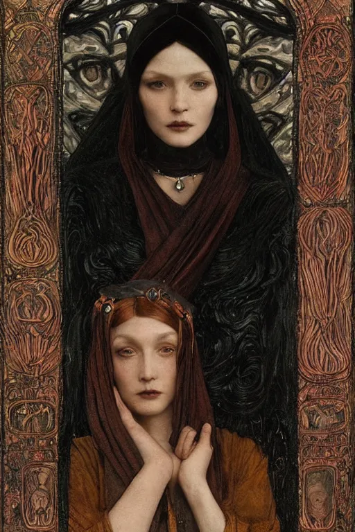 Image similar to portrait of the last goth witch with her lantern and regalia, by Annie Swynnerton and Nicholas Roerich and John Bauer and John William Godward and Donato Giancola and Vermeer, black leather and embroidered velvet, iridescent beetles, rich color, ornate headdress, flowing robes, lost runes, ancient civilizations, dramatic cinematic lighting, featured on Artstation, extremely detailed