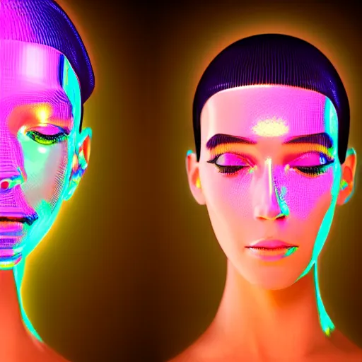 Image similar to 3d render of holographic human robotic head made of glossy iridescent, surrealistic 3d illustration of a human face non-binary, non binary model, 3d model human, cryengine, made of holographic texture, holographic material, holographic rainbow, concept of cyborg and artificial intelligence