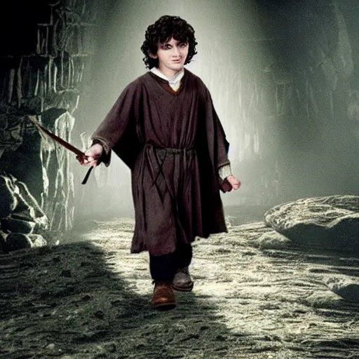 Prompt: frodo baggins in hogwarts