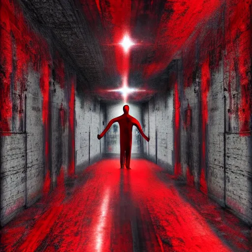 Image similar to dark matter red art house future alone man going limbo hipper reflection in the horror them many room schizophrenia and stratification of consciousness mind man full HD 8K resolution