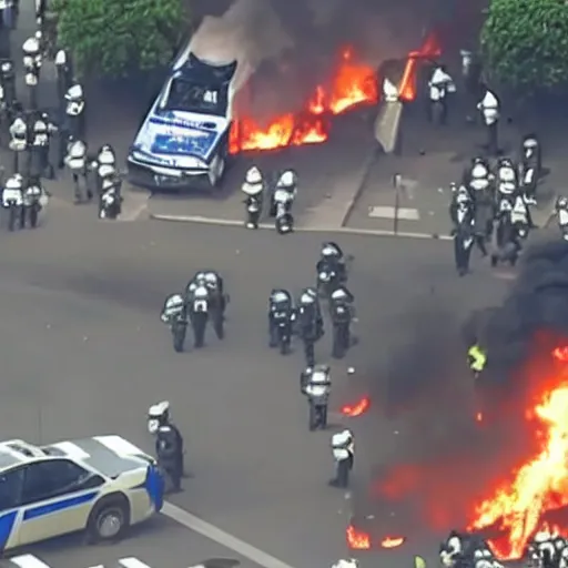 Prompt: a massive riot cars burning police running