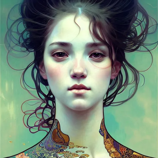 Prompt: Portrait of a girl made of Koi fish, face, fantasy, intricate, elegant, highly detailed, digital painting, artstation, concept art, smooth, sharp focus, illustration, art by Krenz Cushart and Artem Demura and alphonse mucha