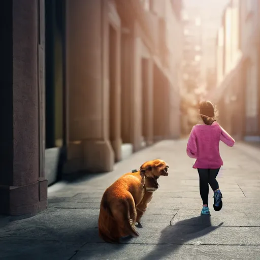 Image similar to Full lenght view contamporary art photography of ultra mega super hyper realistic girl walking with a dog . Photo on Leica Q2 Camera, Rendered in VRAY and DaVinci Resolve and MAXWELL and LUMION 3D, Volumetric natural light