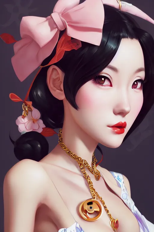 Image similar to a pin up and beautiful fashion charming dreamlke japan girl with lv jewelry, character art, art by artgerm lau and wlop and and ilya kuvshinov and john singer sargent, hyperdetailed, 8 k realistic, symmetrical, frostbite 3 engine, cryengine, dof, trending on artstation, digital art