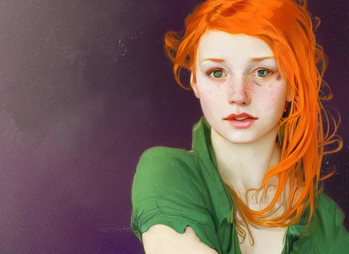 Image similar to portrait of a beautiful smiling girl with orange hair and freckles, green eyes, highly detailed, digital painting, concept art, smooth, sharp, focus, background is purple, trending on deviantart, alphonse mucha, WLOP