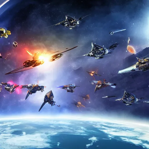 Image similar to epic scene of space battle with spaceship explouding warriors all over the scene, panoramic, realistic 4 k