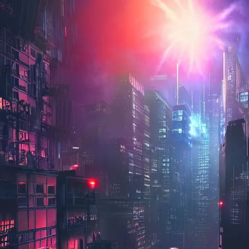 Image similar to A hyperdetailed photograph of Spider-Man swinging through the skies of a cyberpunk, futuristic city, night, dense fog, rain, HD, 8K resolution