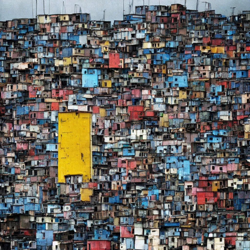 Image similar to close - up view of a tower made up of colourful makeshift squatter shacks, bleached colours, moody cloudy sky, dystopia, mamiya, f 1. 8, very detailed, photographed by bruno barbey and man ray