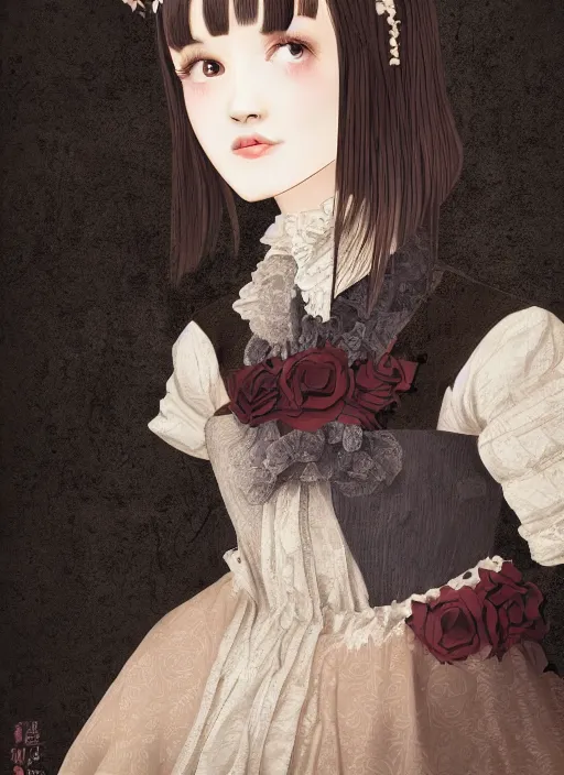 Image similar to a photograpic portrait of young woman, pride and prejudice, kawaii style, with kind face, dark hair, georgian dress, intricate, elegant, highly detailed, digital painting, smooth, sharp focus