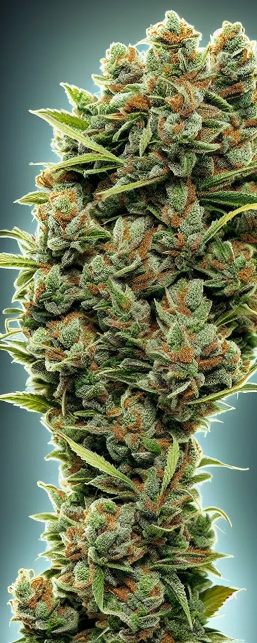 Prompt: beautiful giant marijuana flower with tall giant moist buds covered in stunning large moist trichomes trichomes trichomes, highly - detailed wide angle photography, cosmic background, focus, centered, rim lighting, cinematic lighting dslr - n 2