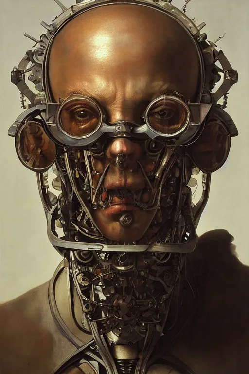 Prompt: beautiful clean oil painting biomechanical portrait of human face with huge mechanical glasses by wayne barlowe, mazzoni marco, rembrandt, complex, stunning, realistic, skin color