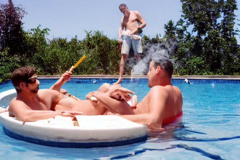 Prompt: a still of two guys smoking cigarettes while floating in a backyard pool in the video too many cooks