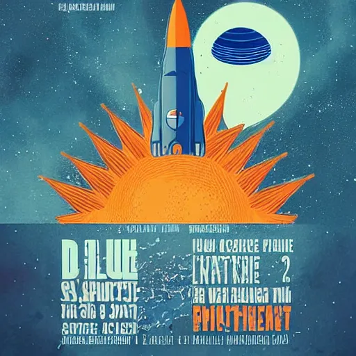 Image similar to blue v2 rocket in space, orange fruit as a planet, intricate sci-fi poster by Denis Villeneuve