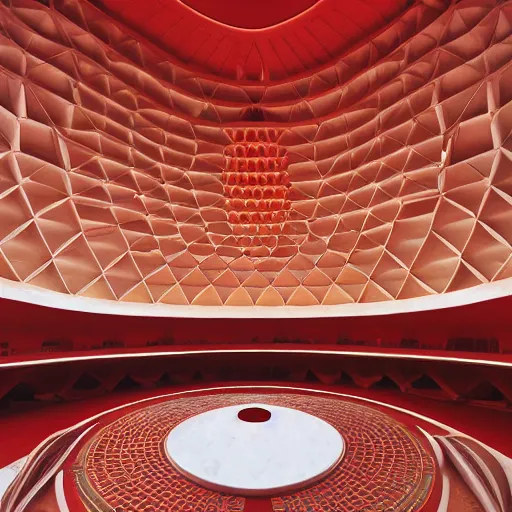 Image similar to interior of a futuristic lotus temple with gold, red and white marble panels, in the desert, by buckminster fuller and syd mead, intricate contemporary architecture, photo journalism, photography, cinematic, national geographic photoshoot