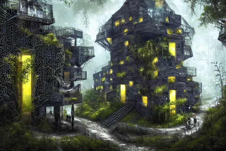 Image similar to favela winding cybernetic hive, wooded environment, industrial factory, haunting, award winning art, epic dreamlike fantasy landscape, ultra realistic,