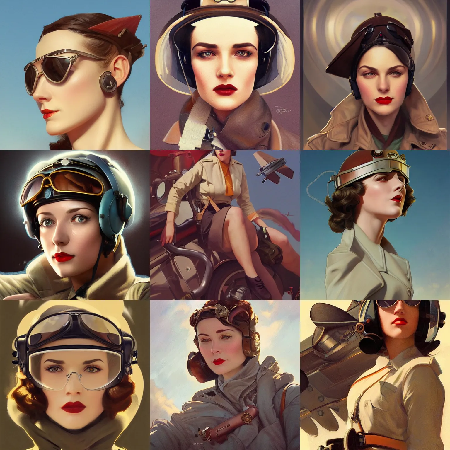 Prompt: female 1930s aviator, portrait, highly detailed, digital painting, artstation, concept art, sharp focus, illustration, art by artgerm and greg rutkowski and alphonse mucha