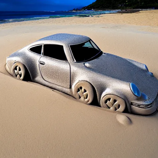 Prompt: sand sculpture of a porsche 9 1 1 on a hawaii beach photography iphone