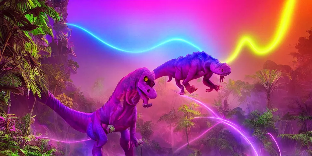 Image similar to spectral purple neon dinosaur, spectral neon pink dinosaur, spectral yellow neon dinosaur, green jungle background, detailed, ultrawide landscape