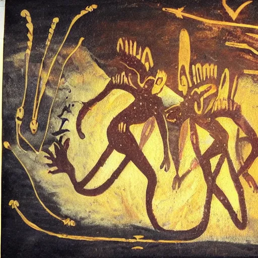 Prompt: cave painting of aliens and their spaceship