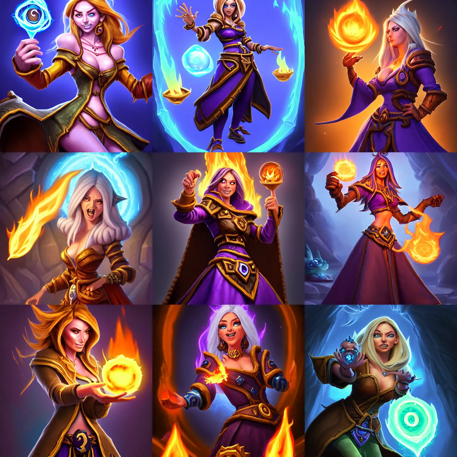 Prompt: Hearthstone official professional art. A sorceress, wearing a robe casting a fire ball. Insanely logical & professional physical body parts (face, arms, legs, hair, eyes, insanely inflated hips, insanely tiny waist). Full body realistic, sharp focus, 8k high definition, insanely detailed, intricate, elegant, smooth, sharp focus, illustration, ArtStation