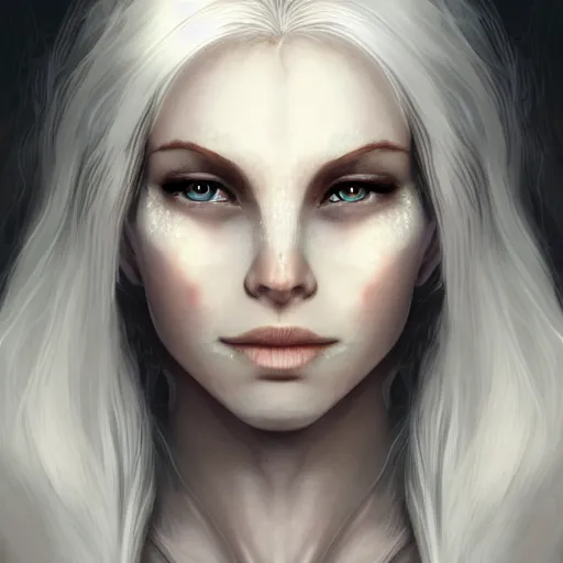 Prompt: portrait of a female half - elf with white skin, white hair, white eyes without pupils, short wavy hair, gray spots on cheeks, trending on artstation, ethereal, gentle smile