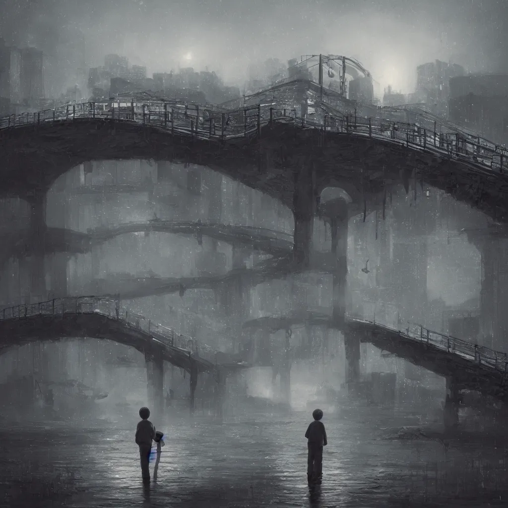 Prompt: a lonely boy on a city bridge looking to the river at night, digital painting, masterpiece, digital art, hyperrealistic, concept art, octane render, unreal engine 5, trending on deviantart, sad atmosphere, centered, anatomically correct, oil painting, high contrast, serene scenery, loneliness