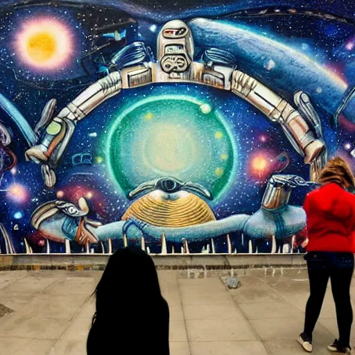 Image similar to aliens standard in an integalactic space port while viewing a large mural about humans