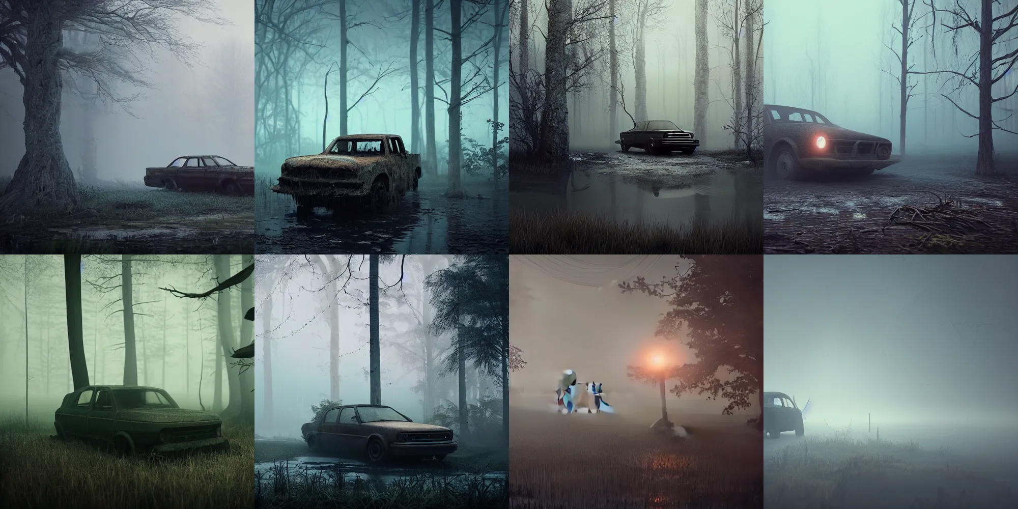 Image similar to beautiful dark creepy foggy swamp landscape, old abandoned car sinking, in the style of beeple and Mike Winkelmann, intricate, epic lighting, cinematic composition, hyper realistic, 8k resolution, unreal engine 5,