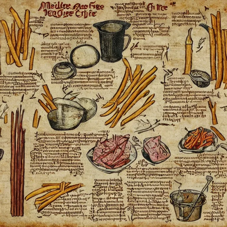 Image similar to middle age illustrated recipe for french fry ( ( ( ( a french fry cone ) ) ) ) lot of medieval enluminures in the background explaining the recipe, schematic in a notebook