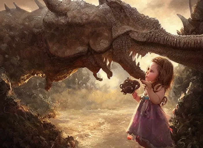 Image similar to a cute little girl with wavy curly brown hair meets a triceratops. beautiful painting by artgerm and greg rutkowski