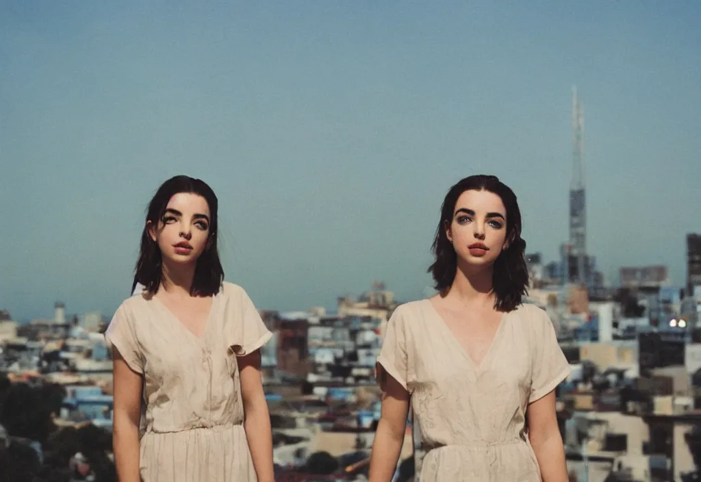 Prompt: lomo photo of adelaide kane standing on the roof of building, small town, cinestill, bokeh, out of focus