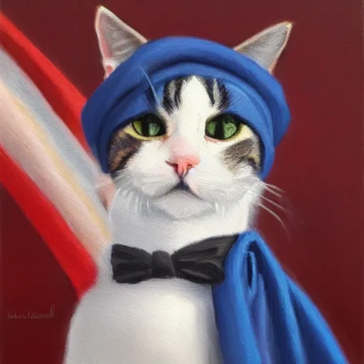 Image similar to A cat wearing a beret with the American flag on it, oil Painting, ultradetailed, artstation