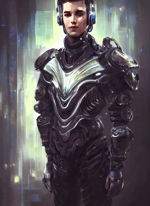Prompt: portrait of handsome guy in cyber armor, dreamy and ethereal, expressive pose, black eyes, exciting expression, fantasy, intricate, elegant, many lightning, cold color, highly detailed, digital painting, artstation, concept art, cyberpunk wearing, smooth, sharp focus, led, illustration.